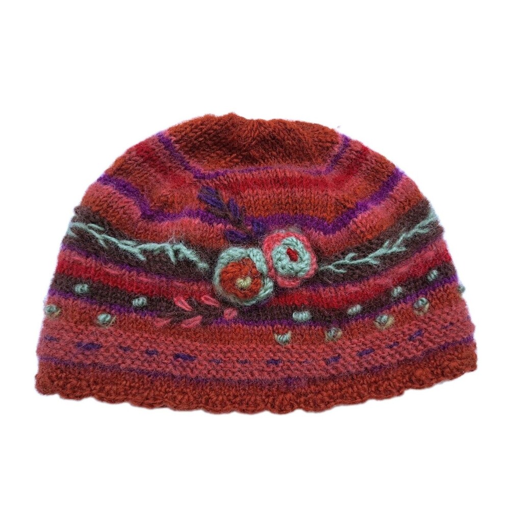 Lost Horizons Knit Wool Beanie Floral Rose Fair Isle Fleece Lined Vintage Red